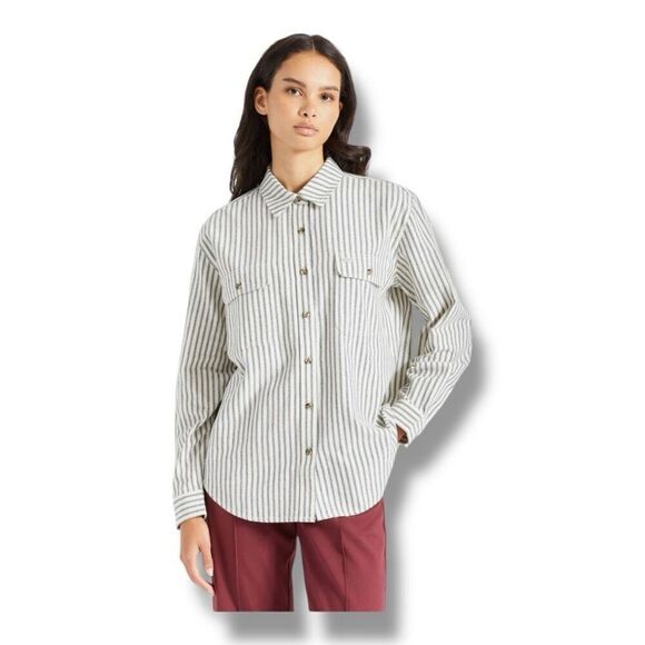 Brixton Bowery Boyfriend Oversized Dove Stripe Long Sleeve Flannel Size Small - Picture 1 of 6